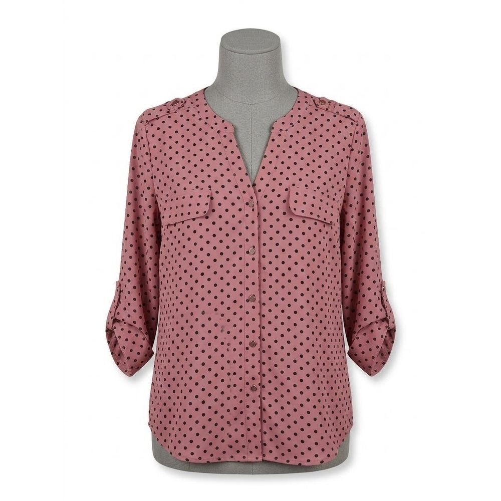 Adrienne Vittadini Women's Dual Chest Pockete V Neck alAdjustable Sleeves Size L